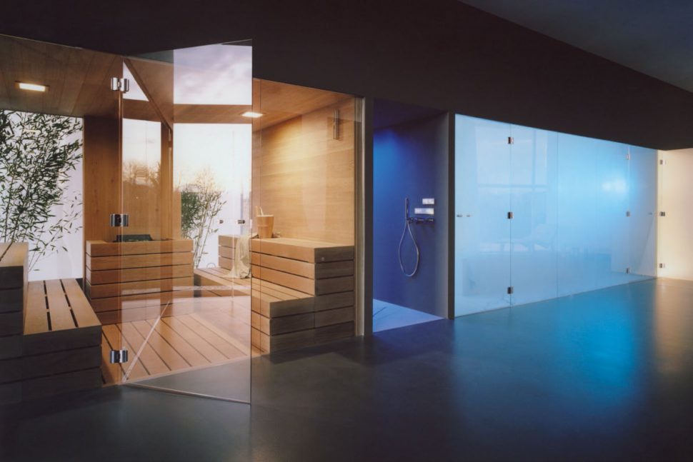 Sauna, walk-in shower and steam room complex