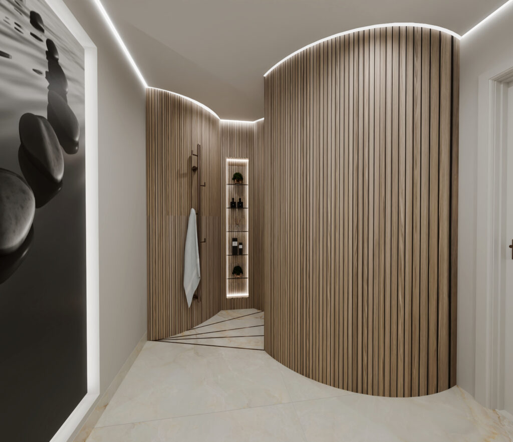 Wooden Curved Walk in Shower Design
